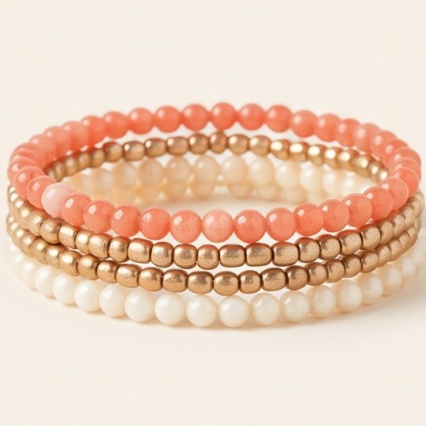 Coral & Gold Beaded Bracelet Stack